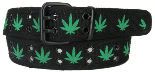 Weed double row grommet black belt with green leaf design, featuring two rows of grommets and black roller buckle.