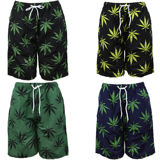 Mens swim trunks with weed leaf print, featuring elastic waistband and drawstring, dual pockets, and quick-dry polyester material.