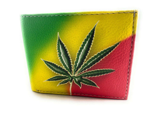 Men's Rasta Marijuana Leaf vegan leather wallet with green, yellow, and red design.