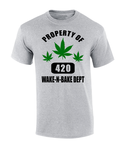 Property Of Wake N' Bake Department 420 Cannabis T-Shirt, grey color, short sleeve, mens sizes S to 6XL.